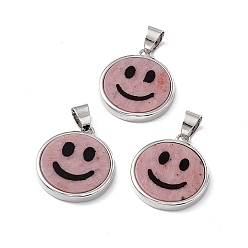 Rhodonite Natural Rhodonite Pendants, Flat Round with Smiling Face Charms, with Rack Plating Platinum Tone Brass Findings, Cadmium Free & Lead Free, 21x18.5x3mm, Hole: 4x6mm