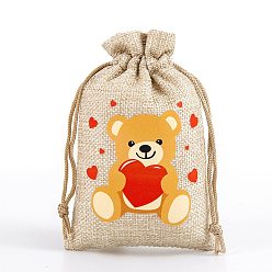 Bear Valentine's Day Printed Burlap Drawstring Pouches, Red, Rectangle, Bear, 15x10cm
