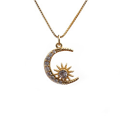 0046-Box Chain Moon Devil's Eye 1 (New Type of Chain) Sparkling Moon and Evil Eye Sweater Chain Necklace with Micro Pave Zirconia - European Style Jewelry