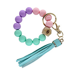 3 Colorful Silicone Bead Bracelet Keychain with PU Leather Tassel Pendant for Women