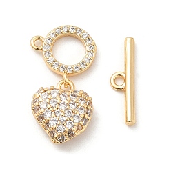 Real 18K Gold Plated Brass Micro Pave Clear Cubic Zirconia Toggle Clasps, Heart, Real 18K Gold Plated, Heart: 12x10x4.5mm, Hole: 1mm, T-bar: 4x15.5x2mm, Hole: 1mm