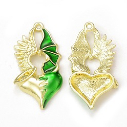 Lime Green Rack Plating Alloy Enamel Pendants, Heart with Wing Charm, Golden, Lime Green, 40x20x4mm, Hole: 1.8mm