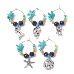 Mixed Shapes Alloy Wine Glass Charm, with Glass Beads, Synthetic Turquoise Beads and Brass Wine Glass Charm Rings, Mixed Shapes, 51~56mm, Inner Diameter: 24mm