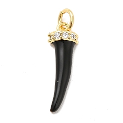 Черный Стойка металлическая латунная микропрофилированная кубическая циркония подвески, с эмалью и кольцами для прыжков, долговечный, без кадмия и без свинца, реальный 18 k позолоченный, слоновой кости форма, чёрные, 19.5x6.5x3 мм, отверстие : 3 мм, Кольцо: 5x0.9 mm