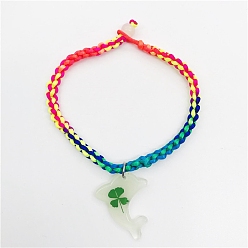 Dolphin Luminous Resin with Clover Charm Bracelet, Glow In The Dark Nylon Cord Braided Bracelet for Women, Colorful, Dolphin Pattern, Pendant: 20mm