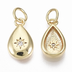 Real 18K Gold Plated Brass Micro Pave Cubic Zirconia Charms, with Jump Ring, Nickel Free, teardrop, with Star, Clear, Real 18K Gold Plated, 12.5x7.5x3.5mm, Hole: 3mm