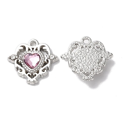 Pink Eco-Friendly Alloy Pendants, with Glass, Heart, Pink, 16x17x4mm, Hole: 1.5mm