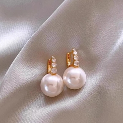 Golden Alloy Rhinestone Hoop Earrings, White Plastic Pearl Beads Earrings with 925 Sterling Silver Pins, Golden, 50x50mm