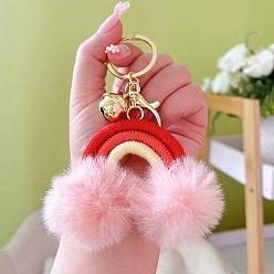 Pink Cotton Rainbow Keychain with Artificial Fur Ball, Pom Pom Bell Key Chain, Pink, 11.3cm, Pendant: 54x83mm