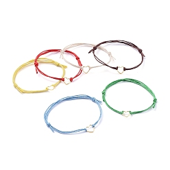 Mixed Color Adjustable Waxed Cotton Cord Bracelets, with 304 Stainless Steel Heart Jump Ring, Mixed Color, 1-5/8 inch~3-1/2 inch(4~9cm)
