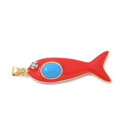 Красный Рыба из латуни микро проложить Цирконом подвески, с эмалью и синтетической бирюзой, стойки покрытие, долговечный, без свинца и без кадмия, красные, 43x16x9 мм, отверстие : 4x3.5 мм