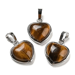 Tiger Eye Natural Tiger Eye Pendants, Heart Charms with Platinum Plated Brass Snap on Bails, 20.5x17.5x7mm, Hole: 4x8mm