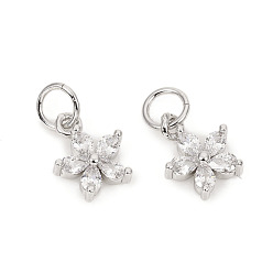 Platinum Brass Micro Pave Cubic Zirconia Charms, with Jump Rings, Flower, Clear, Platinum, 9.5x7.8x2.5mm, Jump Rings: 4.8x0.8mm, 3.2mm Inner Diameter