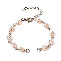 Pink Square Faceted Glass Beaded Link Chain Bracelet Making, with Lobster Claw Clasp, Fit for Connector Charms, Pink, 6-1/4~6-3/8 inch(15.8~16.2cm)