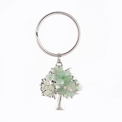 Green Aventurine Chip Natural Green Aventurine Keychain, with Antique Silver Plated Alloy Pendants and 316 Surgical Stainless Steel Split Key Rings, Tree, 55mm
