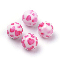 Hot Pink Opaque Printed Acrylic Beads, Round with Heart Pattern, Hot Pink, 11.5~12x11mm, Hole: 2.5mm