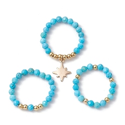 Magnesite 3Pcs 3 Styles Natural Magnesite Beaded Stretch Rings Set, Stackable Rings with Brass Star Charms, Inner Diameter: 21~22mm, 1Pc/style