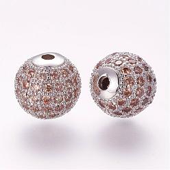 Platinum Brass Micro Pave Cubic Zirconia Beads, Round, Platinum, 10mm, Hole: 2mm