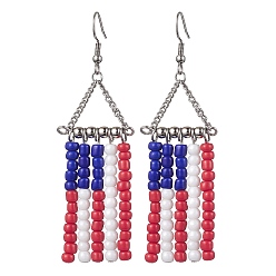 Colorful Alloy Triangle Chandelier Earrings, Independence Day Theme Glass Beaded Tassel Earrings, Colorful, 80x24mm