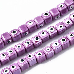 Medium Orchid Handmade Porcelain Ceramic Beads Strands, Bright Glazed Porcelain, Cube with Evil Eye, Medium Orchid, 9.5x8.5x8.5mm, Hole: 1.5mm, about 40pcs/strand, 12.99 inch(33cm)