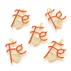 Red Brass Micro Pave Clear Cubic Zirconia Pendants, Long-Lasting Plated, with Jump Rings & Enamel, Golden, Word Fe with Heart, Red, 26.5x20x3mm, Hole: 3mm