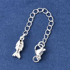 Серебро Удлинитель цепочки из латуни с микропаве и прозрачным кубическим цирконием, цепочки с застежками-карабинами и подвесками в виде рыбок, серебряные, 74 мм, отверстие : 2.7 мм