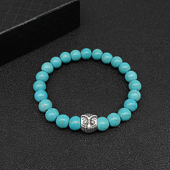 Chouette Bracelets extensibles turquoise synthétique pour femmes et hommes, avec des perles en alliage d'animaux de style tibétain, chouette, pas de taille