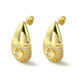 Real 16K Gold Plated Brass with Cubic Zirconia Studs Earrings, Teardrop with Heart, Real 16K Gold Plated, 26x13.5mm