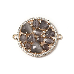 Серый Латунные микро-паве прозрачные кубические цирконии и стеклянные плоские круглые подвески-соединители, реальный 18 k позолоченный, стойки покрытие, долговечный, без кадмия и без свинца, серые, 34x28x4 мм, отверстие : 2 мм
