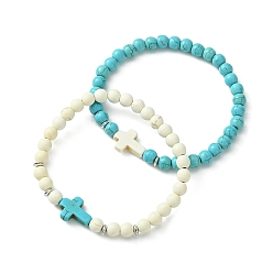 Mixed Color 2Pcs 2 Color Synthetic Turquoise Cross Beaded Stretch Bracelets Set, Stackable Bracelets, Mixed Color, Inner Diameter: 2-1/8 inch(5.5cm), 1Pc/color