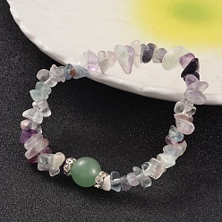 Fluorite Chips Natural Fluorite Beaded Stretch Bracelets, with Brass Rhinestone Findings, Silver Color Plated, 59mm