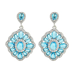 Темно-Голубой Латунь микро проложить кубический цирконий болтаться серьги стержня, цветок, платина, глубокое синее небо, 38.5x24.5 мм