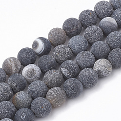 Dark Gray Dyed Natural Striped Agate/Banded Agate Beads Strands, Frosted, Round, Dark Gray, 6~6.5mm, Hole: 1mm, about 63pcs/strand, 15.5 inch