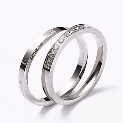 Stainless Steel Color 304 Stainless Steel Finger Rings Sets, with Clear Cubic Zirconia, Roman Numerals, Stainless Steel Color, US Size 7, Inner Diameter: 17mm, 2pcs/set