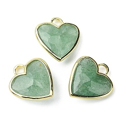 Strawberry Quartz Natural Green Strawberry Quartz Pendants, Faceted Heart Charms, with Rack Plating Light Gold Plated Brass Edge, 23x20x7mm, Hole: 4x4mm