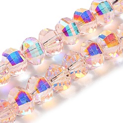 Pink Transparent Electroplate Glass Beads Strands, AB Color Plated, Faceted, Rondelle, Pink, 7.8x5.8~6.3mm, Hole: 1.5mm, about 80pcs/strand, 18.31''~19.88''(46.5~50.5cm)