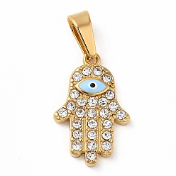 Golden Ion Plating(IP) 304 Stainless Steel Micro Pave Clear Cubic Zirconia Pendants, with Enamel, Hamsa Hand, Golden, 20x13x2.5mm, Hole: 7x3.5mm