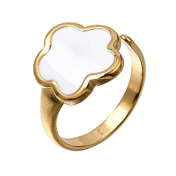 Golden 304 Stainless Steel Enamel Cuff Open Rings, Flower, Golden, US Size 7 1/4(17.5mm)