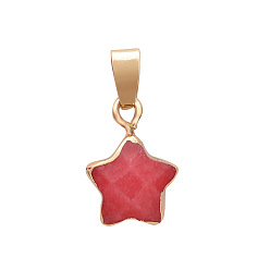 Other Jade Natural Red Jade Dyed Faceted Star Charms, with Golden Plated Brass Findings, 13x13mm