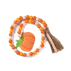 Colorful Thanksgiving Day Theme Wooden Beaded Pendant Decorations, with Jute Tassel, Pumpkin, Colorful, 840mm