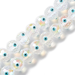 White Transparent Evil Eye Glass Beads Strands, with Enamel, Faceted, Round, White, 10.5~11x9mm, Hole: 1.6mm, about 40pcs/strand, 13.86''~14.06''(35.2~35.7cm)