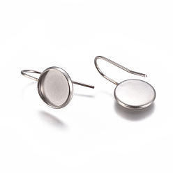 Stainless Steel Color 304 Stainless Steel Earring Hooks, Flat Round, Stainless Steel Color, Tray: 10mm, 20x12mm, 21 Gauge, Pin: 0.7mm
