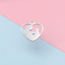 Heart 304 Stainless Steel Pendants, Mother's Day Theme, Stainless Steel Color, Mother & Baby, Heart, 17x15.8x1.5mm