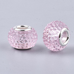 Pink Resin Rhinestone European Beads, Large Hole Beads, with Platinum Tone Brass Double Cores, Rondelle, Berry Beads, Pink, 14x10mm, Hole: 5mm
