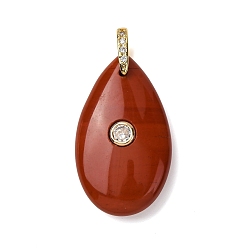Красный Камень Природные красной яшмы подвески, Подвески в форме капли с латунными микропаве из прозрачных кубических цирконий в качестве застежек., золотые, 34.5x20x9 мм, отверстие : 5.5x5.5 мм