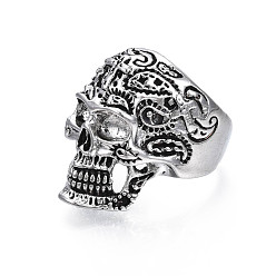 Antique Silver Gothic Punk Skull Alloy Open Cuff Ring for Men Women, Cadmium Free & Lead Free, Antique Silver, US Size 9 1/4(19.1mm)