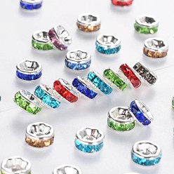 Mixed Color Brass Rhinestone Spacer Beads, Grade AAA, Straight Flange, Nickel Free, Silver Color Plated, Rondelle, MIxed Color, 6x3mm, Hole: 1mm