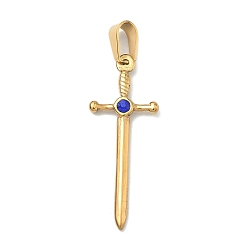 Сапфир 304 подвески из нержавеющей стали, очарование меча, со стразами и 201 застежкой из нержавеющей стали на дужках, ионное покрытие (ip), золотые, сапфир, 35x13.5x3 мм, отверстие : 7x3.8 мм