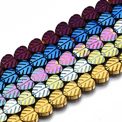 Mixed Color Electroplate Non-magnetic Synthetic Hematite Beads Strands, Leaf, Mixed Color, 6x6x2.5mm, Hole: 0.8mm, about 64~69pcs/strand, 14.57 inch~15.35 inch(37cm~39cm)