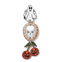 Skull Halloween Printed Acrylic Big Pendants, with Iron Ring, Platinum, Skull Charms, 62x19x2mm, Hole: 2mm